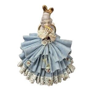Dresden Porcelain Lace Figurine Seated Lady With Fan 3.5” Blue Dress Germany